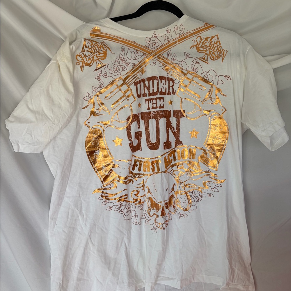 Men's White Western First ACTION Theme TEE with Gold Graphic "Under The ..."